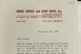 [Carta] 1961 Sept. 28, New York, [EE.UU.] [a] Doris Dana, Pound Ridge, N.Y., [EE.UU.]