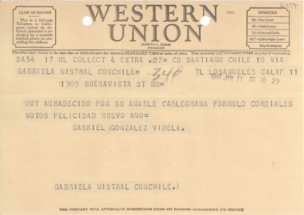 [Telegrama] 1947 ene. 11, Santiago, Chile [a] Gabriela Mistral, Los Angeles, Calif., [EE.UU.]