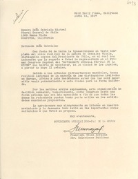 [Carta] 1947 abr. 16, Hollywood, [California], [EE.UU.] [a] Gabriela Mistral, Monrovia, California, [EE.UU.]
