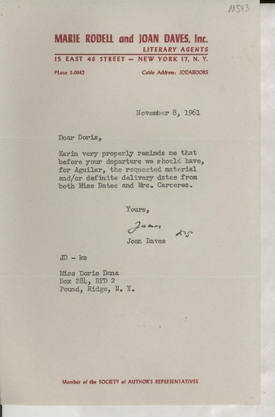 [Carta] 1961 Nov. 8, New York, [EE.UU.] [a] Miss Doris Dana, Pound, Ridge, N.Y., [EE.UU.]