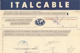 [Telegrama] 1952 sept. 23, Santiago, Chile [a] Gabriela Mistral, Nápoles, [Italia]