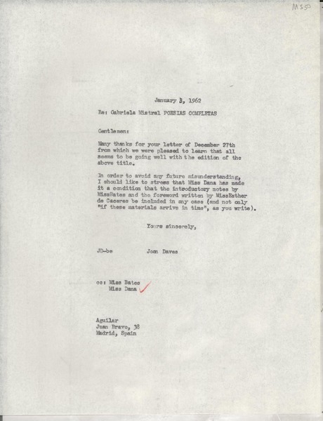 [Carta] 1962 Jan. 3, New York, [EE.UU.] [a] Aguilar, Madrid, Spain