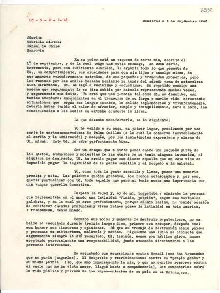 [Carta] 1946 sept. 6, Monrovia [a] Gabriela Mistral, Monrovia
