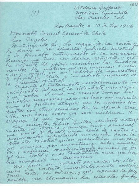 [Carta] 1946 sept. 10, Los Ángeles, California [a] Cónsul General de Chile, Los Ángeles