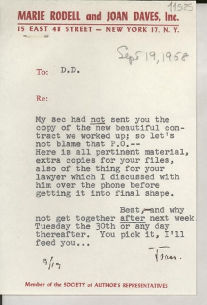 [Carta] 1958 Sept. 19, [New York, Estados Unidos] [a] D. D.