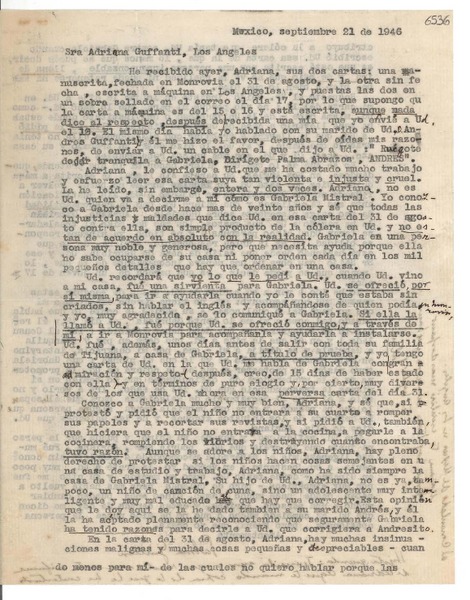 [Carta] 1946 sept. 21, México [a] Adriana Guffanti, Los Ángeles