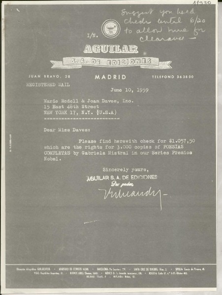 [Carta] 1959 June 10, Madrid, [España] [a] Marie Rodell & Joan Daves, Inc., 15 East 48th Street, New York 17, N. Y. (U. S. A.), Dear Miss Daves