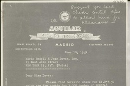 [Carta] 1959 June 10, Madrid, [España] [a] Marie Rodell & Joan Daves, Inc., 15 East 48th Street, New York 17, N. Y. (U. S. A.), Dear Miss Daves