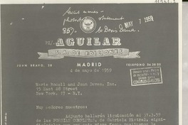 [Carta] 1959 mayo 4, Madrid, [España] [a] Marie Rodell & Joan Daves, Inc., 15 East 48th Street, New York 17, N. Y., Muy señores nuestros