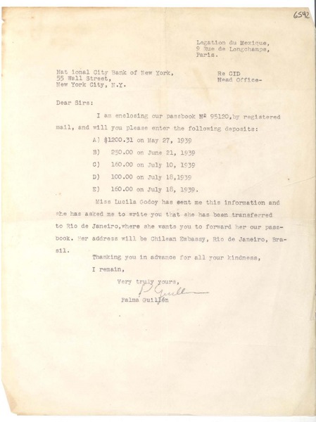 [Carta] 1939, París [a] National City Bank of New York, New York