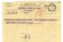 [Telegrama] 1952 jul. 4, Rapallo [a] Gabriela Mistral, Nápoles