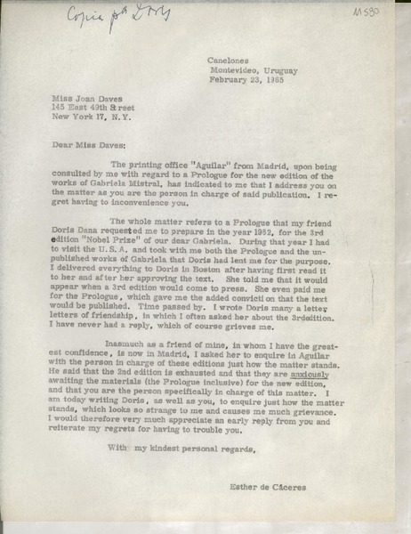 [Carta] 1965 Feb. 23, Montevideo, Uruguay [a] Miss Joan Daves, New York, [EE.UU.]