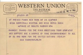 [Telegrama] 1956 Oct. 24, New York, [EE.UU.] [a] Gabriela Mistral and Miss Doris Dana, Spruce St, Roslyn Harbor, NY, [EE.UU.]