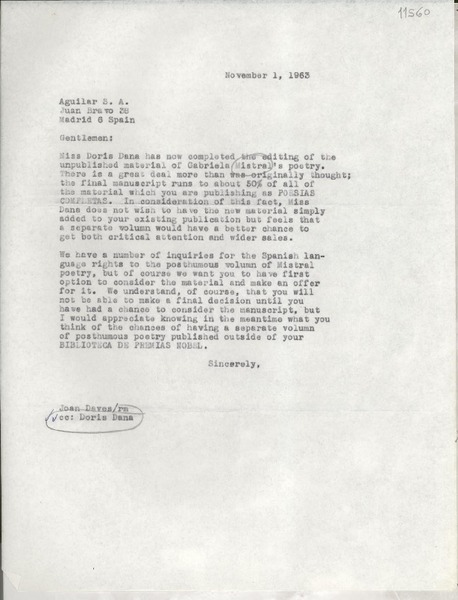 [Carta] 1963 Nov. 1, [New York, Estados Unidos] [a] Aguilar S. A., Juan Bravo 38, Madrid, Spain