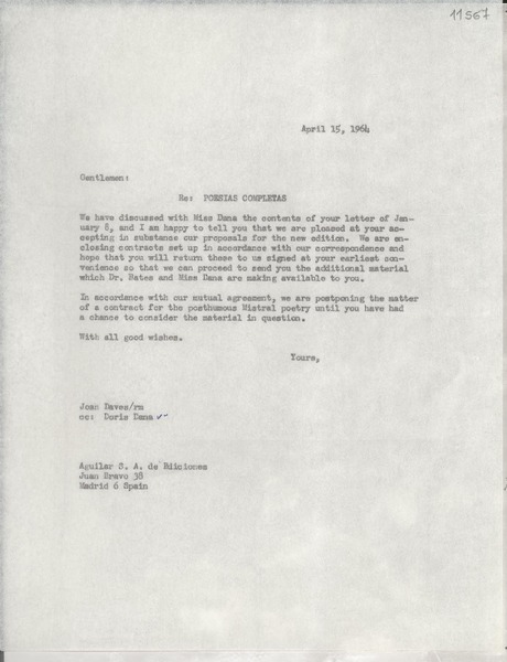 [Carta] 1964 Apr. 15, [New York, Estados Unidos] [a] Aguilar S. A. de Ediciones, Juan Bravo 38, Madrid, Spain