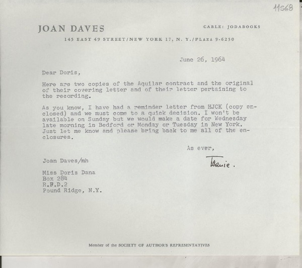 [Carta] 1964 June 26, [New York, Estados Unidos] [a] Miss Doris Dana, Box 284, Pound Ridge, N. Y.