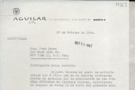 [Carta] 1964 oct. 20, [Madrid, España] [a] Mrs. Joan Daves 145 East 49th St., New York 17, N. Y., U. S. A.
