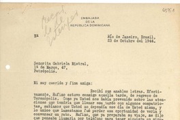 [Carta] 1944 oct. 23, Rio de Janeiro, [Brasil] [a] Gabriela Mistral, Petrópolis, [Brasil]
