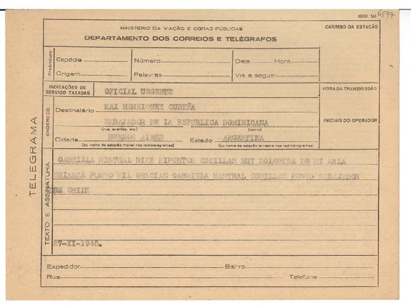 [Telegrama] 1945 sept. 27, [Brasil] [a] Max Henríquez Ureña, Buenos Aires, Argentina