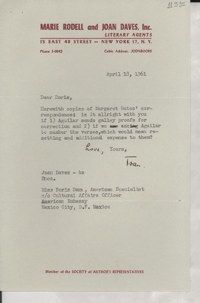 [Carta] 1961 Apr. 18, [New York, Estados Unidos] [a] Miss Doris Dana, American Specialist, American Embassy, Mexico City, D. F. Mexico