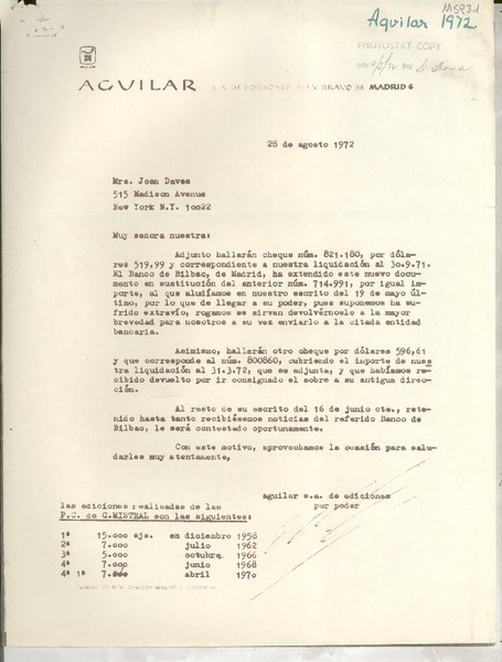 [Carta] 1972 ago. 28, Madrid, [España] [a] Mrs. Joan Daves, New York, [EE.UU.]