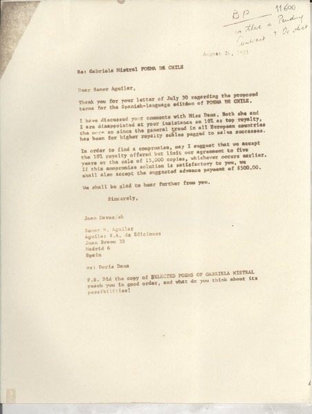 [Carta] 1971 Aug. 24, [New York, Estados Unidos] [a] Senor M. Aguilar, Aguilar S. A. de Ediciones, Juan Bravo 38, Madrid, Spain