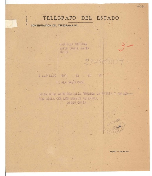 [Telegrama] 1954 ago. 23, Llo Lleo, [Chile] [a] Gabriela Mistral, Vapor Santa María, Arica