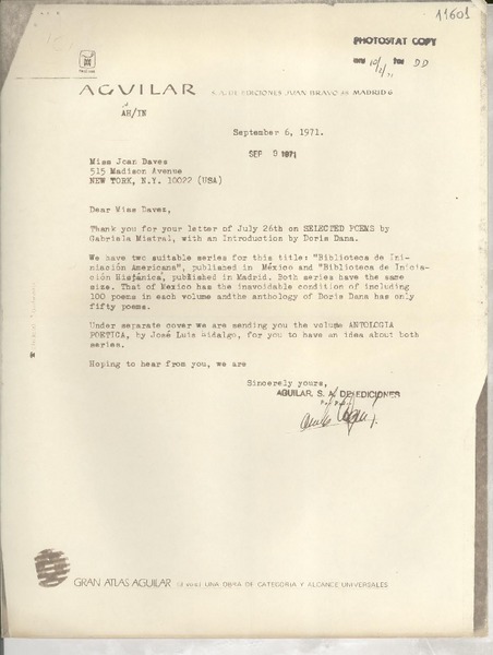 [Carta] 1971 Sept. 6, Madrid [España] [a] Miss Joan Daves, 515 Madison Avenue, New York, N. Y. 10022 (USA)
