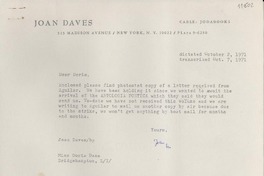 [Carta] 1971 Oct. 7, [New York, Estados Unidos] [a] Miss Doris Dana, Bridgehampton, LI/