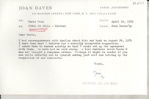 [Carta] 1972 Apr. 14, [New York, Estados Unidos] [a] Doris Dana
