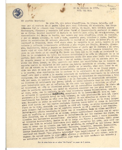 [Carta] 1938 feb. 22, Viña del Mar, [Chile] [a] Gabriela [Mistral]