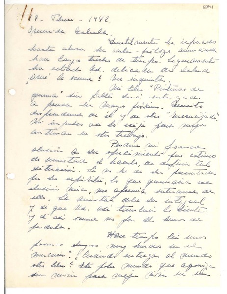 [Carta] 1942 feb. 19, [Santiago, Chile?] [a] Gabriela Mistral