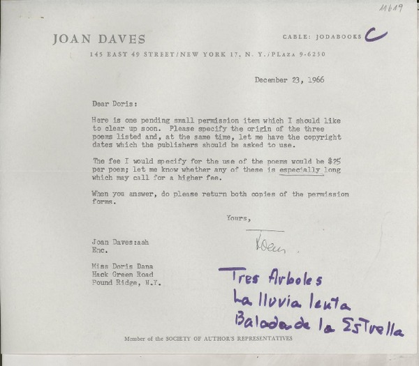 [Carta] 1966 Dec. 23, [New York], [EE.UU.] [a] Miss Doris Dana, Hack Green Road, Pound Ridge, N.Y., [EE.UU.]
