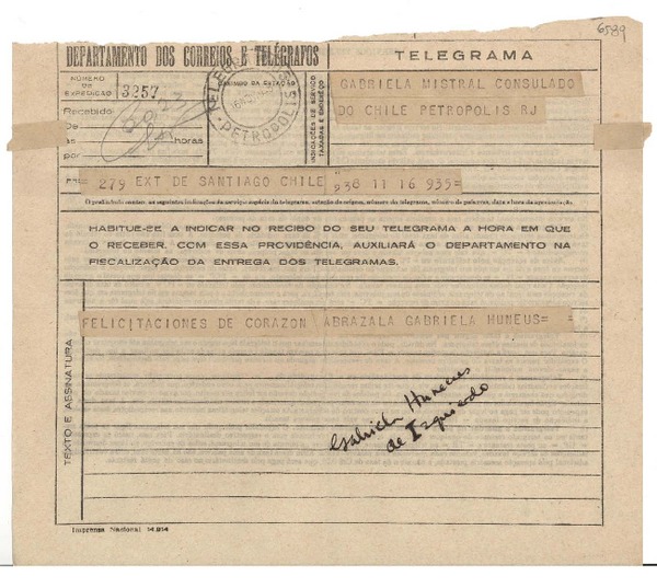 [Telegrama] 1945 nov. 16, Santiago, Chile [a] Gabriela Mistral, Consulado do Chile, Petrópolis, RJ, [Brasil]