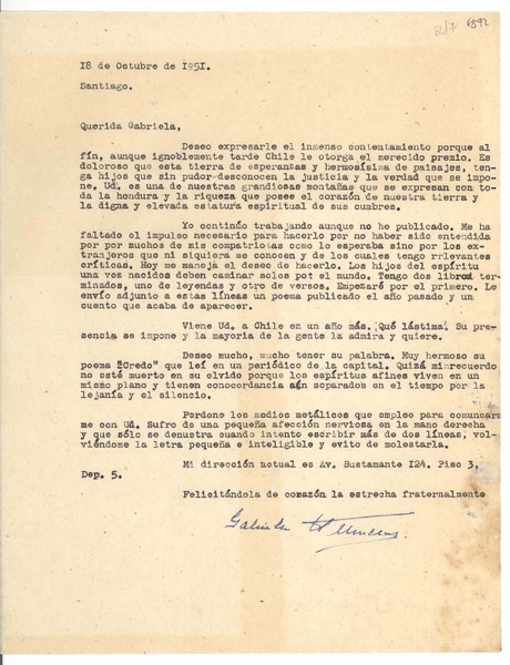 [Carta] 1947 feb. 2, Santiago, [Chile] [a] Gabriela [Mistral]