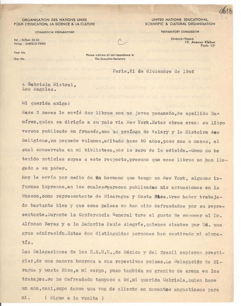 [Carta] 1946 dic. 21, París [a] Gabriela Mistral, Los Ángeles
