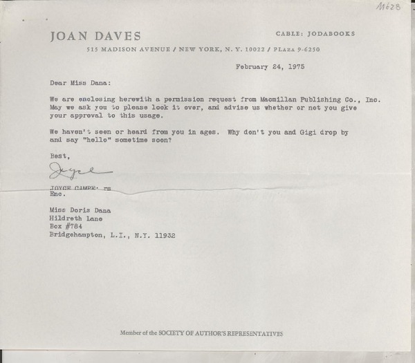 [Carta] 1975 Feb. 24, New York, [EE.UU.] [a] Miss Doris Dana, Bridgehampton, L.I., N.Y., [EE.UU.]
