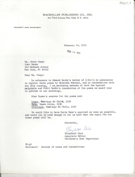 [Carta] 1975 Feb. 14, New York, [EE.UU.] [a] Ms. Joyce Campy [i.e. Campe], New York, [EE.UU.]