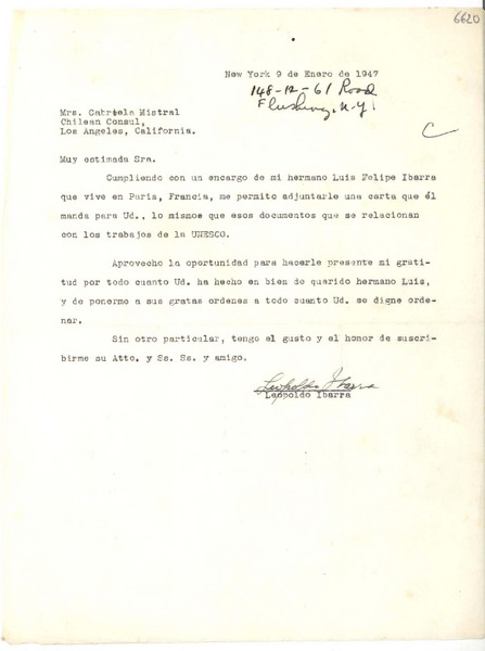 [Carta] 1947 ene. 9, New York [a] Gabriela Mistral, Los Ángeles, California