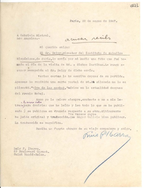 [Carta] 1947 mar. 25, París [a] Gabriela Mistral, Los Ángeles