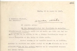 [Carta] 1947 mar. 25, París [a] Gabriela Mistral, Los Ángeles