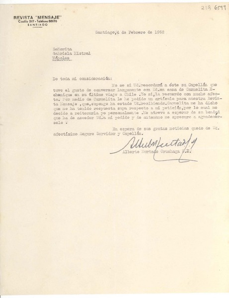 [Carta] 1952 feb. 4, Santiago, [Chile] [a la] Señorita Gabriela Mistral, Nápoles, [Italia]