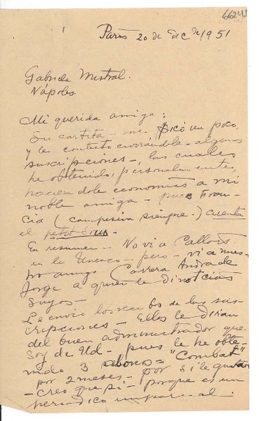[Carta] 1951 dic. 20, París [a] Gabriela Mistral, Nápoles