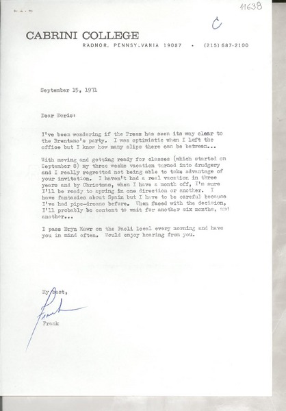 [Carta] 1971 Sept. 15, [Radnor, Pennsylvannia, Estados Unidos] [a] Dear Doris