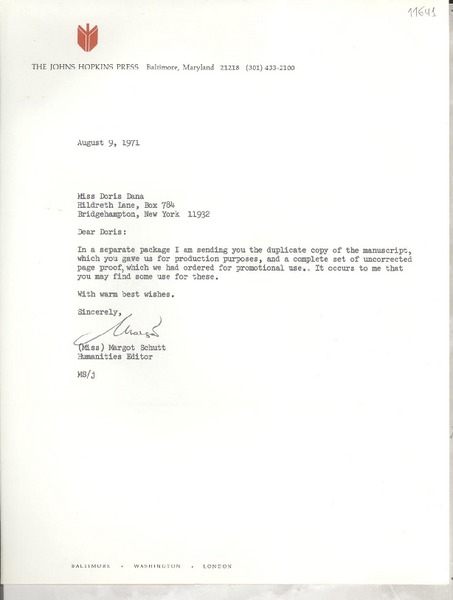 [Carta] 1971 Aug. 9, [Baltimore, Maryland, Estados Unidos] [a] Miss Doris Dana, Hildreth Lane, Bridgehampton, New York