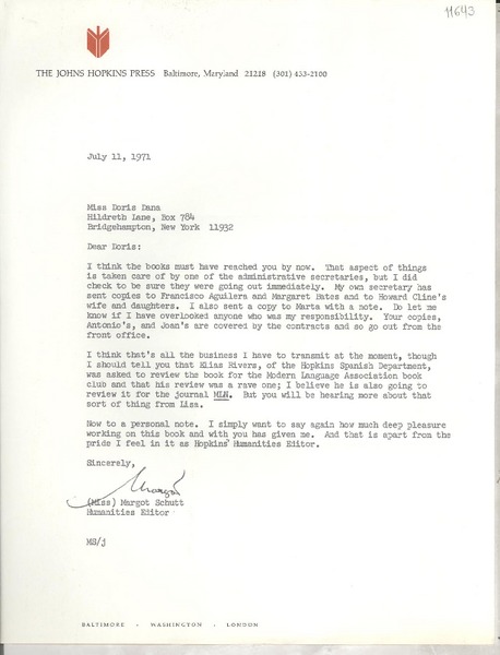 [Carta] 1971 July 11, [Baltimore, Maryland, Estados Unidos] [a] Miss Doris Dana, Hildreth Lane, Bridgehampton, New York