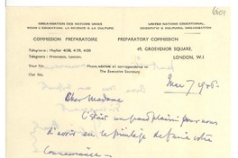 [Carta] 1946 mai, London, [England] [a] [Gabriela Mistral]