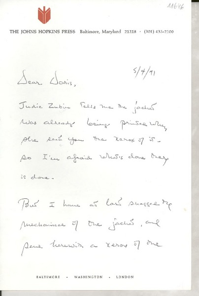 [Carta] 1971 May 4, Baltimore, Maryland, [EE.UU.] [a] Dear Doris [Dana], [EE.UU.]