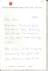 [Carta] 1971 May 4, Baltimore, Maryland, [EE.UU.] [a] Dear Doris [Dana], [EE.UU.]