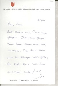 [Carta] 1971 Apr. 2, Baltimore, Maryland, [EE.UU.] [a] Dear Doris [Dana], [EE.UU.]